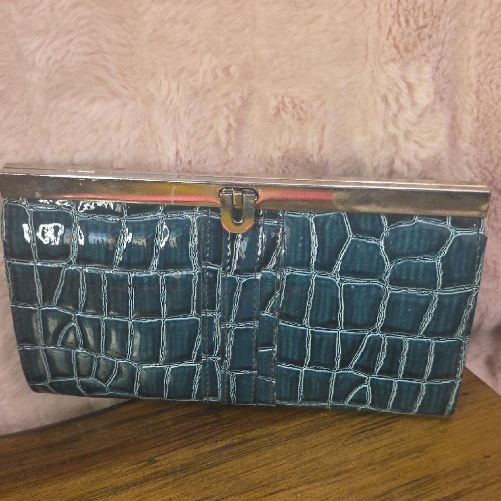 Teal Crok Embossed Accordian Clutch Wallet